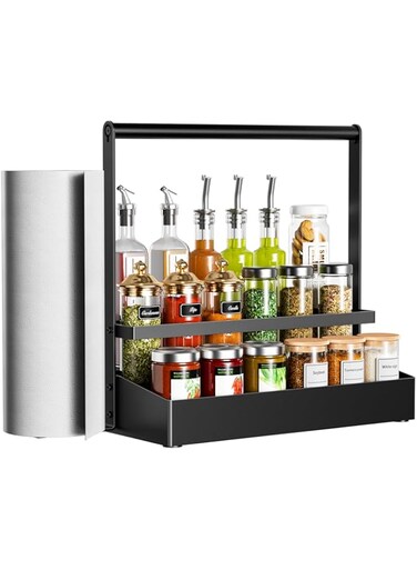 BOIVSHI 3-Tier Spice Rack Organizer for Cabinet Countertop, Countertop Spice Rack, Kitchen Counter Seasoning Organizer with Paper Towel Holder(Black)