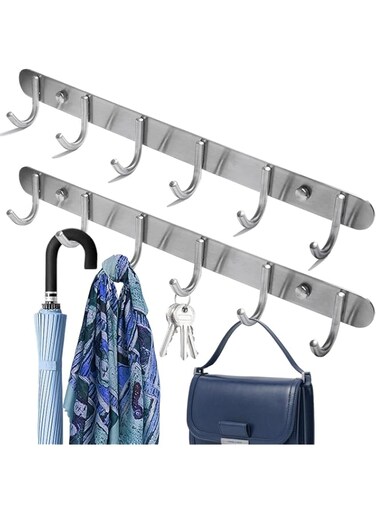 2PCS Wall Coat Rack,Heavy Duty Clothes Rack with 6 Hooks,Stainless Steel Wall Coat Rack for Hanging Coats, Hats, Bags, Keys
