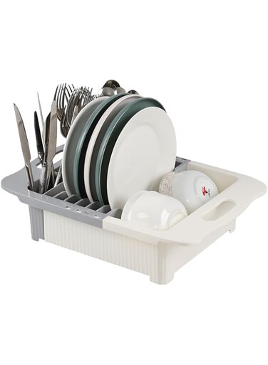 Expandable Dish Drying Rack, Small Dish Racks for Kitchen Counter, Plastic Multifunctional Dish Drainer Basket Shelf, Over The Sink Colander Strainer Basket, with Tray and Utensil Holder