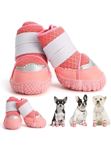 Dog Shoes for Small Dogs,Dog Snow Boots Adjustable Breathable Fabric Paw Protector Anti-Slip Anti-Water Dog Boots for Walking Running Rain Snow Cold Weather for Hardwood Floors 4PCS (Pink, XL)