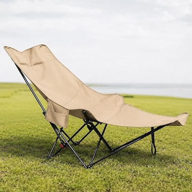 AUTO FAMILY Portable Folding Camping Lounge Chair &ndash; Lightweight Reclining Outdoor Chaise Lounger with Adjustable Backrest   Compact Beach Chair for Camping (Beige)