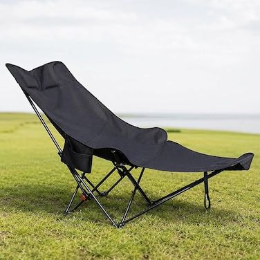 AUTO FAMILY Portable Folding Camping Lounge Chair &ndash; Lightweight Reclining Outdoor Chaise Lounger with Adjustable Backrest   Compact Beach Chair for Camping (Black)