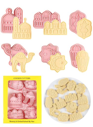 Mubarak Cookie Cutters Set of 6, Ramadan Islamic Biscuit Molds Featuring Mosque, Lantern, Camel, Star, Moon, and Islamic Star Designs for Festive Baking