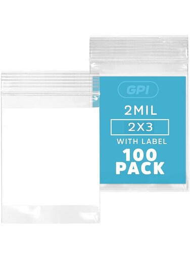 GPI 2Mil Small Plastic Bags 2 x 3 inches, 100 pack ZIP Bags, Write on White Block, Reclosable Zipper small plastic Storage Baggies Brand, for Daily Vitamin, Pill, Jewelry, Candy