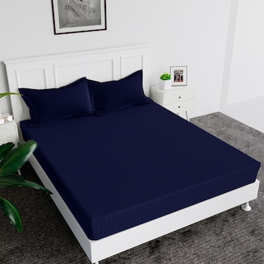 MAXQON Fitted Bed Sheet +2Pcs Pillow Covers, Queen Size 150x200+20cm, Color Blue