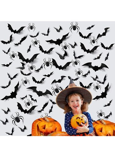 IIEPECA 68Pcs Halloween Bats Wall Decor Halloween Bats Spider Stickers Wall Decals Realistic 3D Scary Bats Decoration for Indoor Home Wall Bathroom Halloween Party Supplies