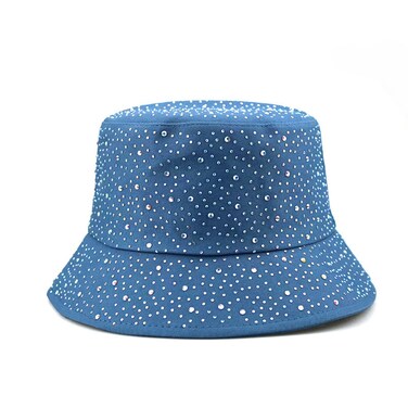 قبعة دلو نسائية متلألئة بأحجار الراين - حماية عصرية من الشمس، باللون الأزرق