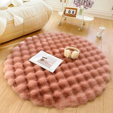 سجادة أرضية مستديرة من فراء الأرنب - سجادة قطيفة ناعمة لغرفة المعيشة وغرفة النوم، (مقاس - 90 سم)