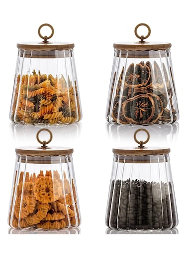 Airtight Glass Jars Set of 4,Glass Coffee Nuts Canister with Bamboo Lid,Petal Decorative Coffee Storage Container for Sugar,Loose Tea,Nuts,Candy,Spice Food,Moisture-proof &amp; Leak proof (Taper)