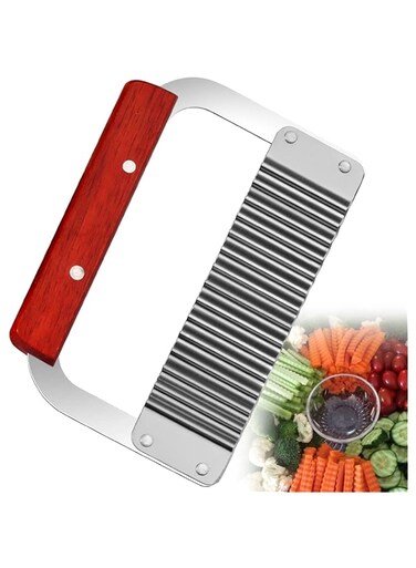 Azonee Crinkle Cutter Stainless Steel Potato Slicer Heavy Duty Wavy Crinkle Cutting Chopping Tools with Wooden Handle for Carrot Veggies