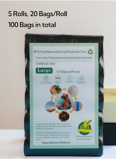 Garbage Bags Biodegradable Compact Roll Black 50x60cm (20pc x 5Rolls) 100 bags