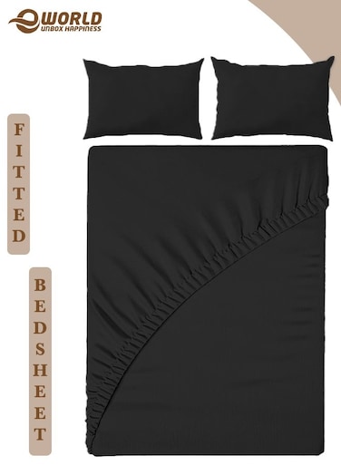 3-Piece Black Cotton Fitted Bedsheet Set Includes 1 Deep-Pocket Sheet for a Snug Fit and 2 Pillow Covers, Breathable, Machine Washable for Optimal Protection, Available in King, Queen and Single Sizes