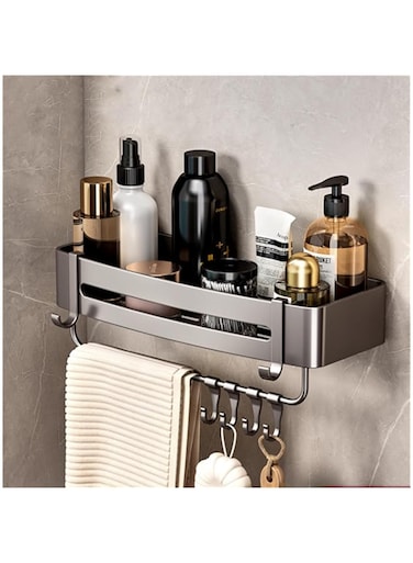 Generic Bathroom Floating Shower Shelves Organizers, Without Drilling Corner Shelf Organizer, Wall Mounted Storage Shelves with Metal Frame and Towel Rack (With hanging bar, style 2)