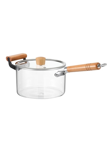 Glass Pot, Glass Saucepan with Cover, Wooden Handles, Heat-Resistant Glass Stockpot, Clear Cooking Pot for Soups, Sauces, and Stews