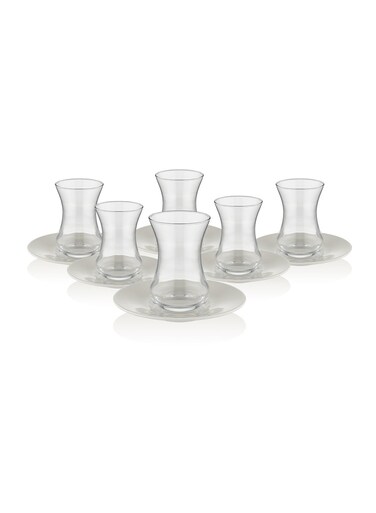 Estikana Plain Tea Cup and Saucer Set, 12 Pieces, 6 Glass Cups 100 ml, 6 Porcelain Saucers 11.8 cm, Tea Service Set