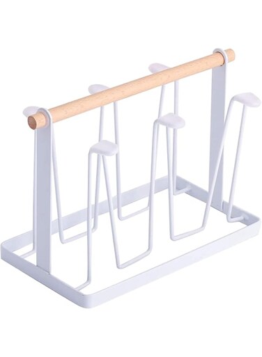 Aokraty Cup Drying Rack, 6-Hook Bottle Drying Drainer Stand, Coffee Mugs Wine Glass Drying Rack with Non-Slip Silicone Hooks, Space Saving Countertop Cup Holder, for Home, Office, Cafe (White)