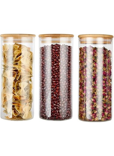 3 Pack Glass Storage Jars with Sealed Bamboo Lids - 950 ML Clear Glass Bulk Food Storage Canister for Serving Tea, Coffee, Spice, Candy, Cookie