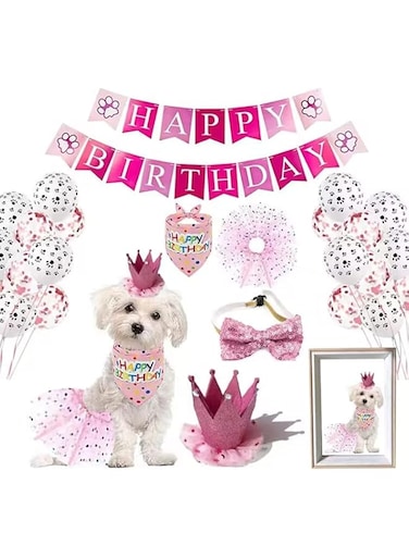 IS MUHE Dog Birthday Party Supplies, Dog Birthday Bandana Scarf, Birthday Party Hat Bow Tie Skirt, Bow Tie Paw Balloon Banner For Small Medium Puppy Pets, Dog Birthday Party Decorations (Pink)