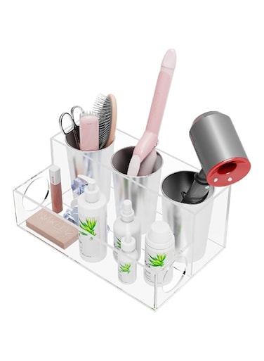 PecMuikee Hair Tool Organizer, Acrylic Hair Tool Caddy Countertop Blow Dryer Stand Storage with 3 Cups for Bathroom, Bedroom, Office, Clear