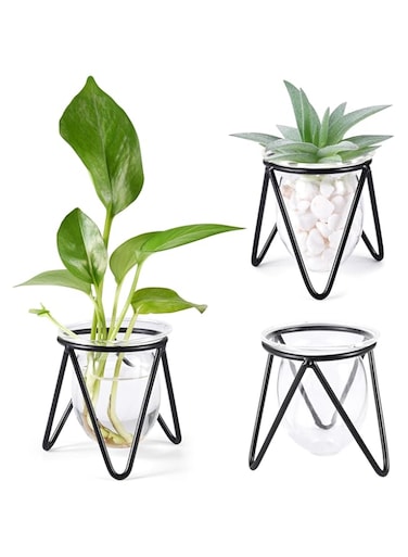 SWIUKPHE Glass Plant Terrarium with Metal Stand, Air Plants Holders Hydroponic Plant Vases Desktop Bulb Glass Vase for Indoor Plants Home Garden Office Decoration, Black, 1PCS