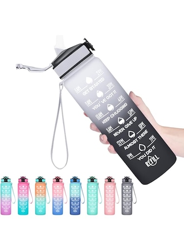 HYETA 32 oz Water Bottles with Times to Drink and Straw, Motivational Water Bottle with Time Marker, Leakproof &amp; BPA Free, Drinking Sports Water Bottle for Fitness, Gym &amp; Outdoor, Gray-Black