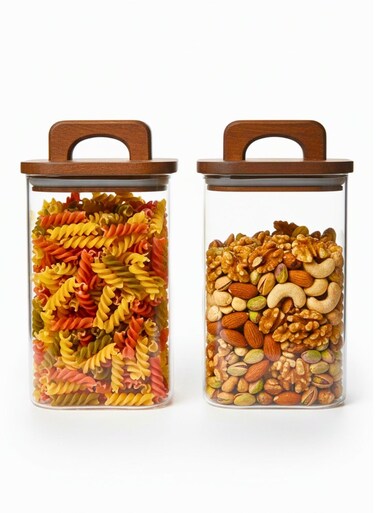 Set of 2 - 1500 ML Borosilicate Square Glass Storage Jar With Acacia Wood Lids with Handle, for Candy Cookie Rice Sugar Flour Pasta Nuts