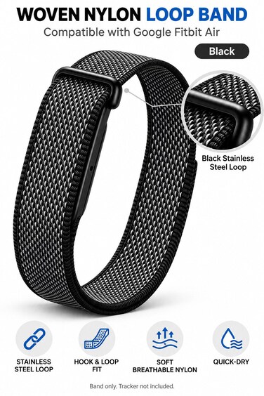 SARAOONT Nylon Band Compatible with Google Fitbit Air, Elastic Woven Sport Strap with Hook and Loop, Adjustable Breathable Replacement Wristband - Black