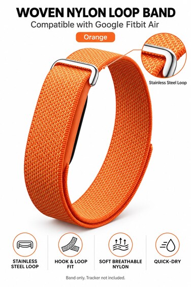 SARAOONT Nylon Band Compatible with Google Fitbit Air, Elastic Woven Sport Strap with Hook and Loop, Adjustable Breathable Replacement Wristband - Orange