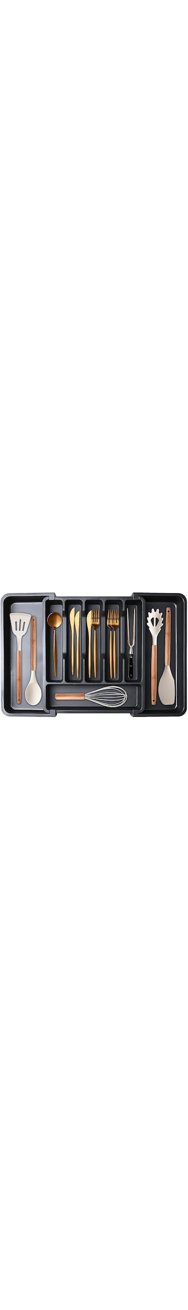 Utensil Organizer for Kitchen Drawers, Expandable Cooking Utensil Tray, Adjustable Cutlery Silverware Flatware Holder, Plastic Kitchen Spatula Tools and Gadgets Storage Divider, Large, Black