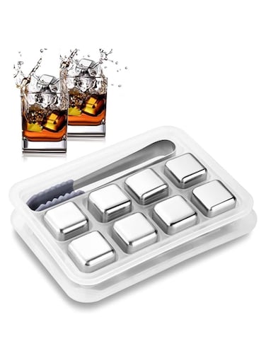 Koochuwah Reusable Stainless Steel Ice Cubes, Metal Whiskey Stones, Chilling Stones with Tongs &amp; Tray for Wine Beer, Gift Men Father (8 Pack)