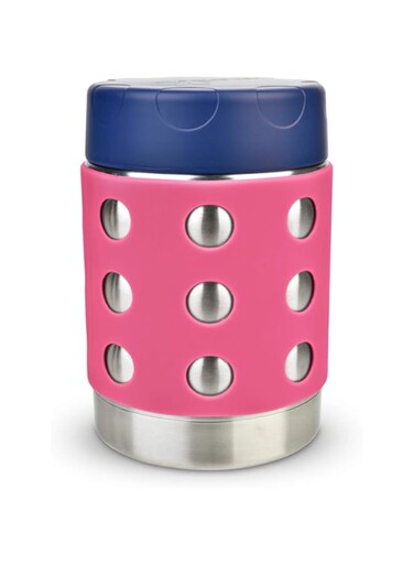 LunchBots Thermal 12 oz Triple Insulated Thermos - Hot 6 Hours or Cold 12 Hours - Leak Proof Thermos Soup Jar - All Stainless Interior - Navy Lid - Pink Dots