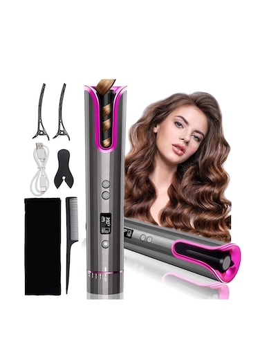 مجعد الشعر التلقائي مكواة تجعيد الشعر اللاسلكية المحمولة ملقط تجعيد الشعر قابلة لإعادة الشحن مع شاشة LCD ومؤقت ، عصا تجعيد أوتوماتيكية (أسود)