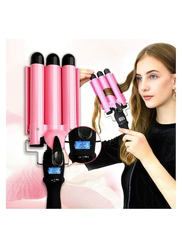 3 Barrel Curling Iron Wand Hair Crimper with LCD Temperature Display - 1 Inch Ceramic Tourmaline Triple Barrel Dual Voltage Hair Crimper Styling Tools