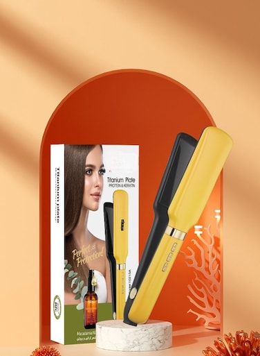 مكواة فرد الشعر الاحترافية المحمولة باللون الأصفر وارتفاع درجة الحرارة بسرعة 990 فهرنهايت ثلاثية الأبعاد مع إعداد سمك تنعيم الشعر وقفل تخزين سهل للشعر المجعد السميك وجميع أنواع الشعر