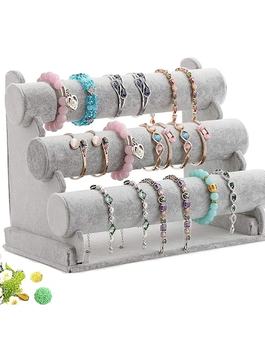 حامل سوار ثلاثي حامل عرض مجوهرات ساعة شريط الإسورة منظم تخزين قلادة باللون الرمادي المخملي الثلجي 3 طبقات