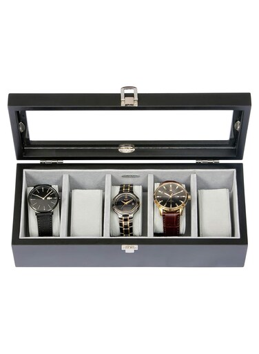 صندوق ساعة معصم خشبي زجاجي 6 فتحات مع منظم تخزين للساعة باللون الأحمر الكرز مع شاشة زجاجية علوية وقفل قفل هدية منظم المجوهرات ورف عرض مخملي وحقيبة تخزين وحقيبة صينية وحامل ملحقات سفر للرجال