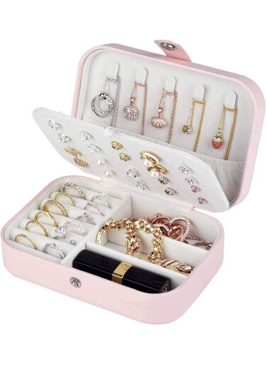 Jewelry Box Travel Jewelry Organizer Cases, Double Leather Jewel Cabinet Gift Case Jewelry Display Storage Case Jewelry Storage Box for Necklace Earrings Rings Bracelet pink