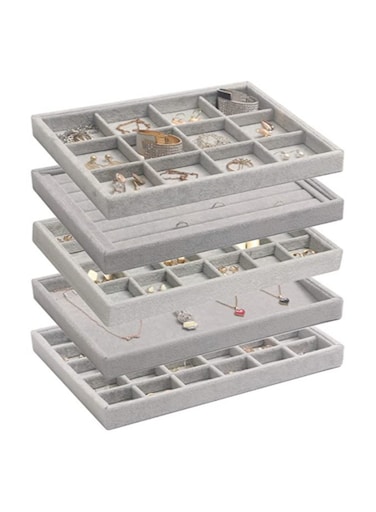 5 عبوات منظم صواني مجوهرات مخملي قابل للتكديس ، صندوق تخزين لعرض المجوهرات وحامل ودرج منظم للأقراط وقلادة وحلقة ثانوية ، رمادي