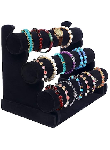 حامل سوار من 3 طبقات أسود مخملي منظم مجوهرات وعرض حامل عرض سوار قابل للفصل شجرة مجوهرات لتنظيم الساعات