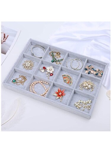 علبة مجوهرات مخملية باللون الرمادي قابلة للتكديس 12 شبكة عرض قابلة للإزالة صندوق تخزين للشاشة للفتيات والنساء