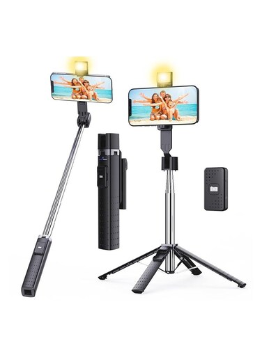 حامل عصا سيلفي مضاء خفيف الوزن 7 أوقية لاسلكي بلوتوث عن بعد حاصل على براءة اختراع فائق الاستقرار 4 أرجل 3 أوضاع إضاءة على متن الطائرة متوافق مع iPhone و Android أسود