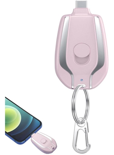 Portable ultra-compact and versatile Keychain Charger Mini Power Emergency Pod, functioning as an external fast-charging USB-C power bank battery pack and a small Type-C wireless cell phone charger