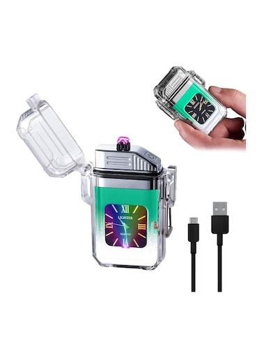 ولاعة كهربائية: مع ساعة، ولاعات قابلة لإعادة الشحن عبر USB، ولاعة عديمة اللهب بقوس مزدوج مقاومة للرياح للشمعة، مع إضاءة LED محيطة، ولاعة بلازما رائعة مقاومة للماء للاستخدام في الهواء الطلق