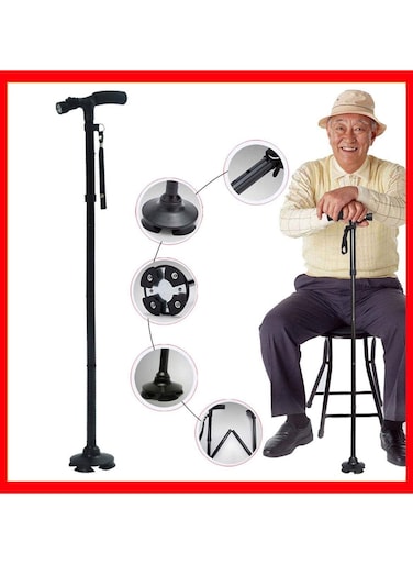 Smart Easy Walking Stick Adjustable Aluminum Lightweight Folding Cane and Extendable Walking Stick with Led Light for  for Elderly with Cushion T Handle and Pivoting Quad Base for Hiking Mountain Clim