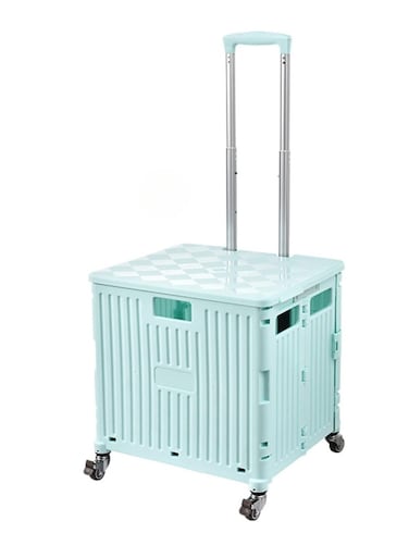 Compact and foldable this plastic trolley combines storage box and shopping cart functionalities offering a convenient and space saving solution.