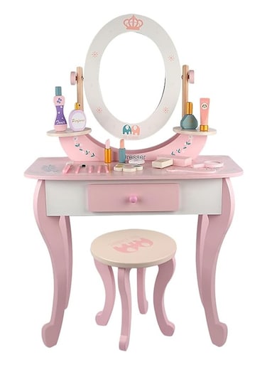 Wooden Dressing Table and Stool Set, Princess Rapunzel Vanity Set with Mirror and Chair, Kids Wooden Makeup Table, Role Play Toy for Girls