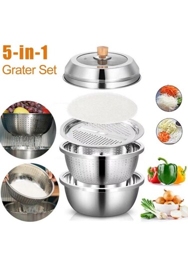 حوض ستانلس ستيل متعدد الوظائف 5 في 1 مجموعة مبشرة بغطاء قطاعة خضروات استنزاف فواكه أرز