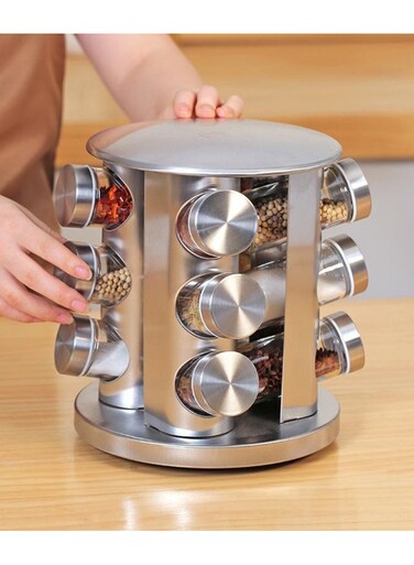 Rotating spice rack with 12 jars, stainless steel and shatter-resistant glass jars for home and kitchen