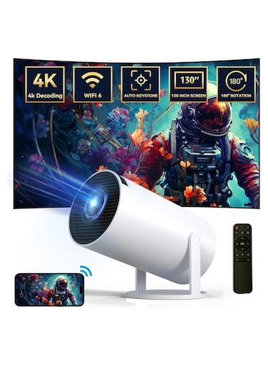 Mini Projector HY300 PRO - 4K, Auto Keystone Correction, 200 ANSI Lumens, Portable Smart Projector with 2.4/5G WiFi 6, BT 5.0, 130 Inch Screen, 180 Degree Flip, Round Design - Home Video Projector
