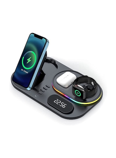 Foldable 5 in 1 Wireless Fast Charger Station, Qi Fast Multi Charging Stand, Foldable Station Charger Stand, Fast Charger Stations for Apple iPhone 12/11/13 Ai Pods/Pro/watch/Samsung devices Black